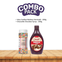 Load image into Gallery viewer, Bakersville Combo Of Wow Confetti Confeito Rainbow Vermicelli 125g, Chocoville Chocolate Syrup 200g
